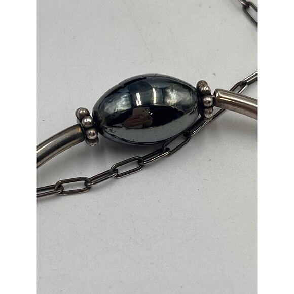 Sterling Silver 925 Artisan Made Chain Center Hematite Bead Accent Necklace - Picture 6 of 11